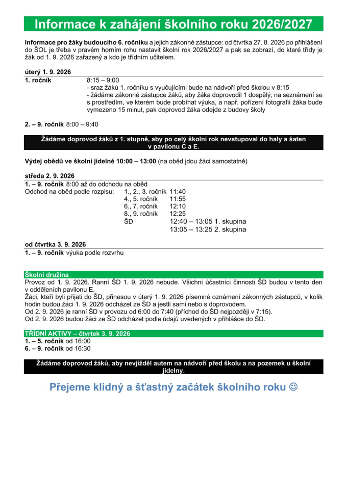 Web - Informace k&nbsp;začátku školního roku 2026-27